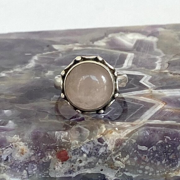 Sterling Silver 925 Round Bezel Set Rose Quartz Cabochon Band Ring Size 6 - Picture 12 of 16